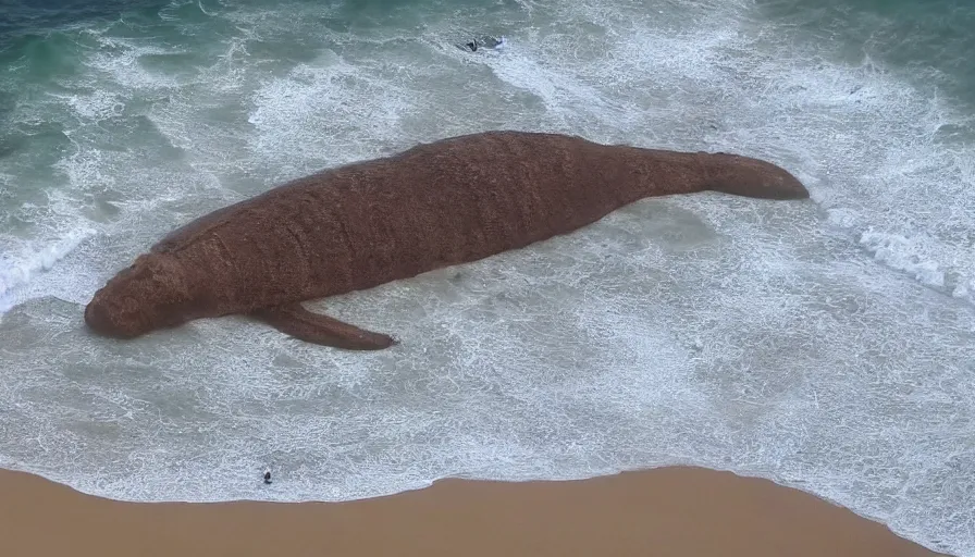 Image similar to CNN news footage taken from above. A huge creature is washed up on the beach.