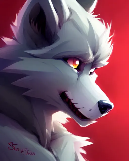 Image similar to character concept art of a dark gray anthropomorphic furry wolf red hair blue eyes | | cute - fine - face, pretty face, key visual, realistic shaded perfect face, fine details by stanley artgerm lau, wlop, rossdraws, james jean, andrei riabovitchev, marc simonetti, and sakimichan, artstation