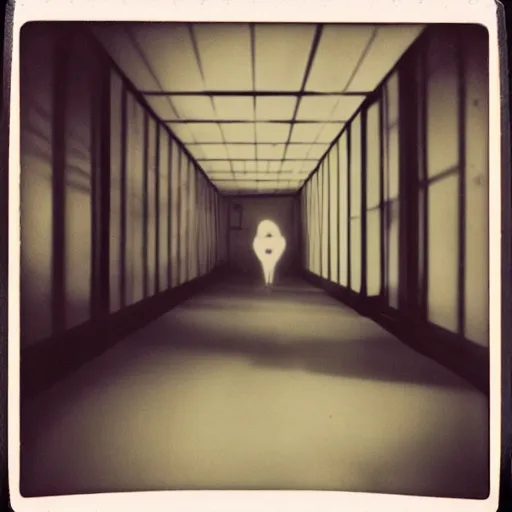 Image similar to you are lost in the backrooms, shadows, polaroid, laminal space, monster