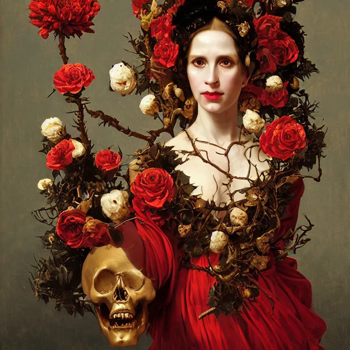 Image similar to portrait of a woman with a golden skull mask on face, a wreath of thorns, a dress of bones and roses, horns, snakes, smoke, flames, full-length, oil painting in a renaissance style , very detailed, red background, painted by Caravaggio, Greg rutkowski, Sachin Teng, Thomas Kindkade, Alphonse Mucha, Norman Rockwell, Tom Bagshaw.