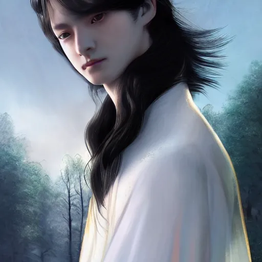 Prompt: a portrait of a young beautiful prince, golden eyes, long black hair, white hanfu, elegant, intricate, backlit, incredible lighting, strong rim light, subsurface scattering, photorealistic, epic beautiful landscape, cherry trees, highly detailed, digital painting, by Heise Jinyao, Heise-Lian Yan Fang, Feimo, Rossdraws, HDRI, vivid colors, high contrast, 8k