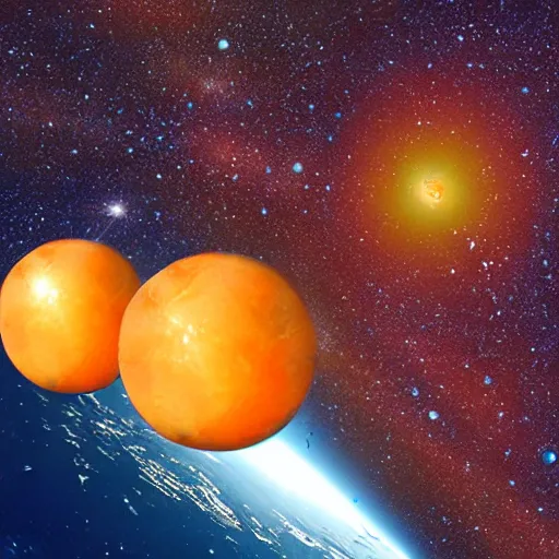 Image similar to sunkist gems float in outer space in orbit around alpha centuri.