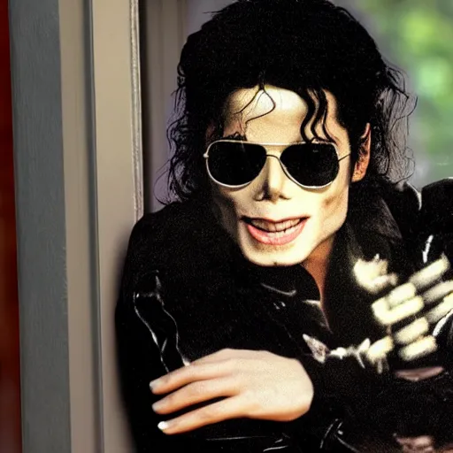 Image similar to michael jackson 2 0 0 9 wearing shades, alone, this is it style, photo real, pores, motion blur, sitting with bubbles the chimp window open, real life, spotted, ultra realistic face, accurate, 4 k, movie still, uhd, sharp, detailed, cinematic, render, modern