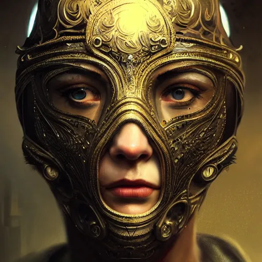 Image similar to Very very very very highly detailed epic photo of face with venetian mask, intricate, dystopian, sci-fi, extremely detailed, digital painting, artstation, concept art, smooth, sharp focus, illustration, intimidating lighting, incredible art by Greg Rutkowski