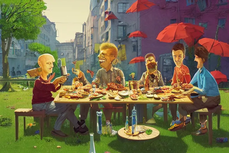 Image similar to 4 happy friends eating fish outside in a restaurant in the city, summer morning, very coherent and colorful high contrast, art by gediminas pranckevicius, geof darrow, dark shadows, hard lighting