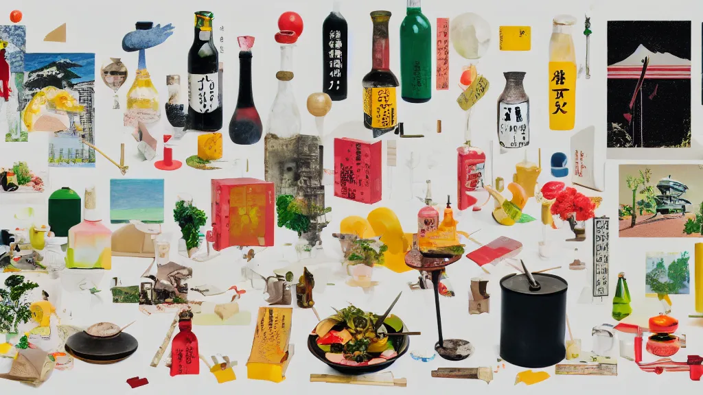 Prompt: an arrangement of gourmet traveller props, japan, a collage painting, in the style of wes anderson, lola dupre, david hockney, isolated on negative white space background dark monochrome neon spraypaint accents volumetric octane render