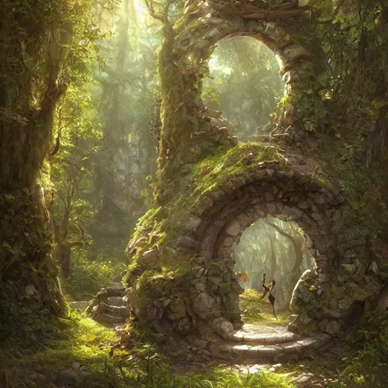 Image similar to Fantasy Magical fairy-tale stone portal in the forest. Round stone portal teleport in trees to other worlds. Fantastic landscape. Magic Altar in the fores, highly detailed, digital painting, artstation, concept art, smooth, sharp focus, illustration, art by artgerm and greg rutkowski and alphonse mucha