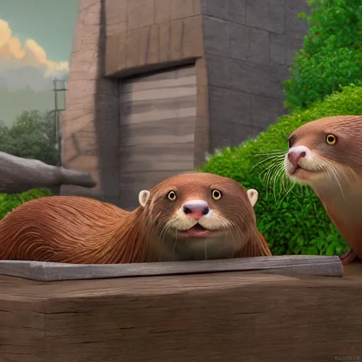 Prompt: character set, concept art, otters playing, 3 d render, pixar, dreamworks,