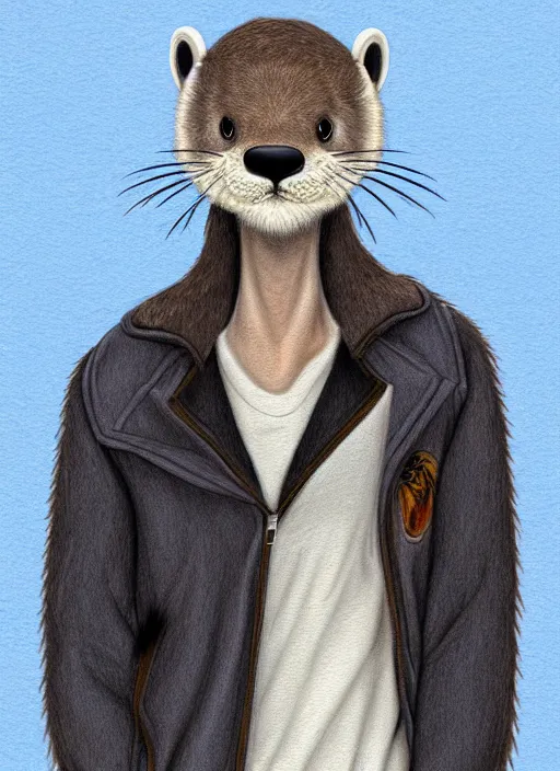 Image similar to expressive stylized master furry artist digital colored pencil painting full body portrait character study of the otter ( sergal ) small head fursona animal person wearing clothes jacket and jeans by master furry artist blotch, sharp focus