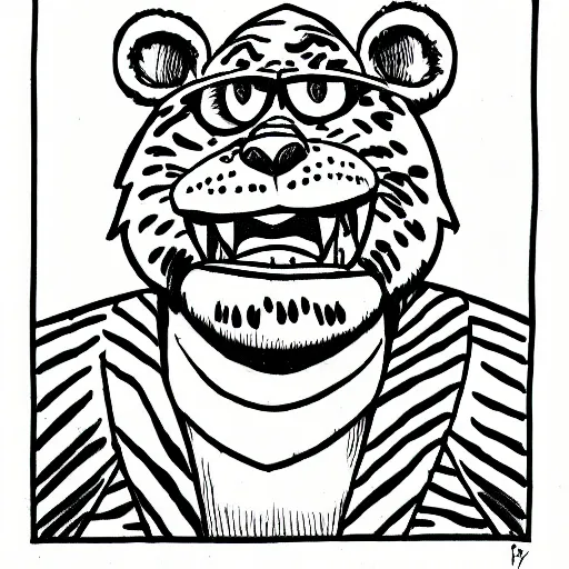 Image similar to a portrait drawing of an angry Tony the Tiger drawn by Robert Crumb