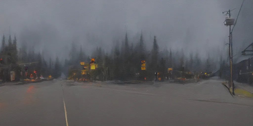 Image similar to painterly, ((messy)), ominous! landscape of north bend, washington main street, dark, lonely!! stop light glowing, twin peaks, 'lone dark figure'!!