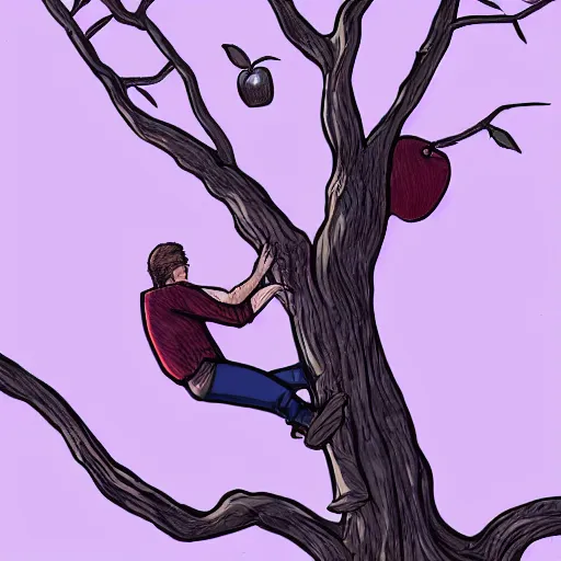 Image similar to streatchy dude trying to reach an apple on a very high tree, digital art, 8K