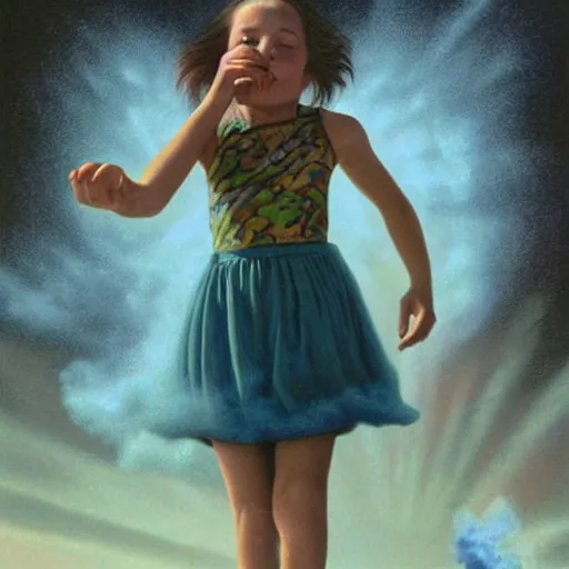 Image similar to a disappearing running child holding scissors in hand disappears evaporates dissolves into vapor, mist, smoke, a detailed matte painting by John Philip Falter and Jason Edmiston