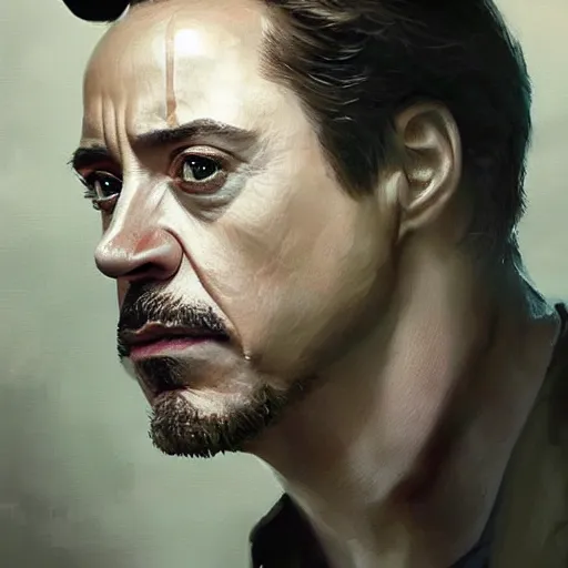 Image similar to hyper realistic portrait painting, beautifully rendered, robert downey jr. as luigi painted by greg rutkowski, wlop, artgerm, dishonored 2