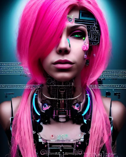 Image similar to portrait of a beautiful mexican woman with pink hair as a cyberpunk cyborg half robot, revealing wires and electronics, sci - fi, missing panels, intricate abstract upper body intricate artwork, concept art, octane render, deviantart, cinematic, key art, hyperrealism, iridescent accents, portrait photograph, nikon 3 5 mm, photograph by greg rutkowski