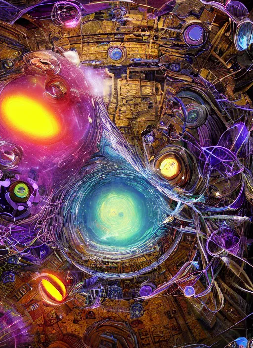 Image similar to the machine universe encounters a living cosmos inside an asymmetric orthogonal non - euclidean upside down inside out world with an infinite cosmic spiral waterfall of living information, inspired by android jones and blake foster, hyperrealistic, extreme detail, digital art, concept art, rendered in cinema 4 d, cryengine 8 k