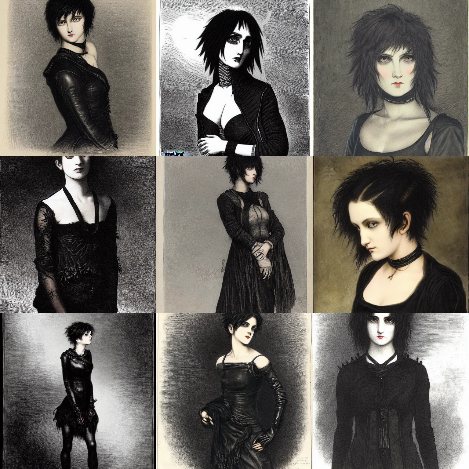 Prompt: an emo painted by gustave dore. her hair is dark brown and cut into a short, messy pixie cut. she has large entirely - black evil eyes. she is wearing a black tank top, a black leather jacket, a black knee - length skirt, a black choker, and black leather boots.