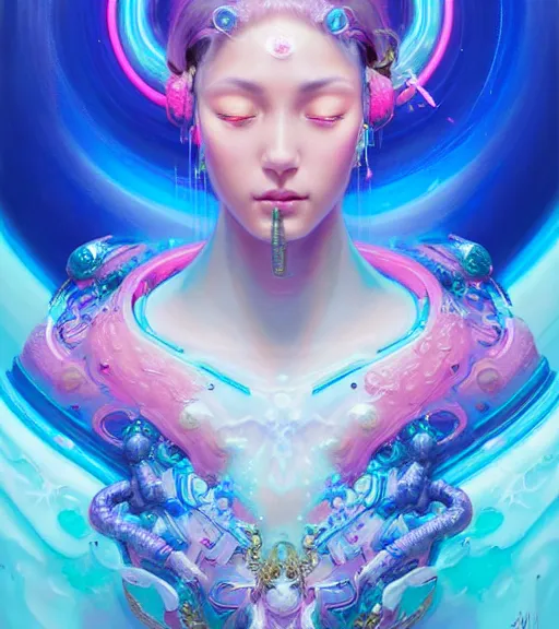 Image similar to porttait of a beautiful celestial Hawaiian pearlescent rgb Goddess wearing a futuristic lush Japanese battlesuit exposed in cryo chambers by James Jean, royal blue and pink theme, intricate, elegant, highly detailed, centered, digital painting, artstation, concept art, smooth, sharp focus, illustration, by Peter Mohrbacher, WLOP