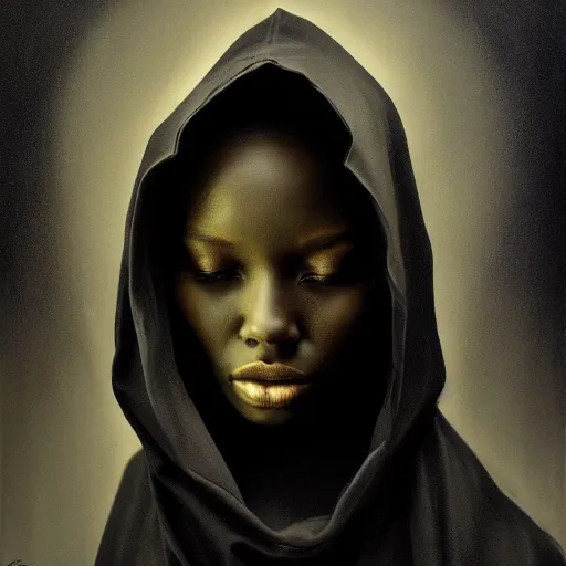 Image similar to a portrait of a young black woman wearing a long dark cloak, hood and shadows covering face, anatomically correct, beautiful perfect face, enigmatic, oil painting, matte painting, black background, Volumetric dynamic lighting, Highly Detailed, Cinematic Lighting, Unreal Engine, 8k, HD, by Beksinski