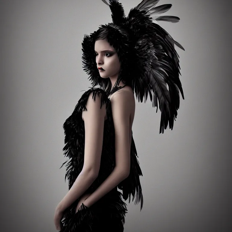 Prompt: hight focus of a wonderful realistic focused sweet wonderful symmetrical mid portrait of a lonely beautiful woman, only her dress is like a realistic black raven plumes, image in center, dramatic light, octane render - 8 k