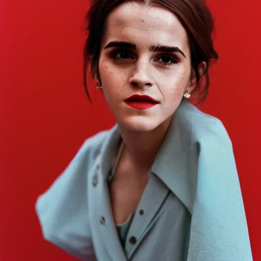 Image similar to Retro color photography 1960s fashion photoshoot of Emma Watson portrait Cinestill 800T, 1/2 pro mist filter, and 65mm 1.5x anamorphic lens