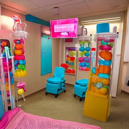 Image similar to photo of a hospital room made out of soft candy, candy equipment, candy hospital room