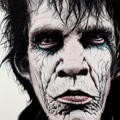 Image similar to stunning portrait of gaunt keith richards a ( the cure fan ) as dream from sandman, dim stars as eyes, by jeremy mann, by cedric peyravernay, by by russ mills, by richard avedon and ben templesmith, dramatic lightning, sadness, dark eye sockets, in the shadows, punk rock, gothic, high detailed, 8 k