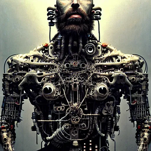 Image similar to ultra realist intricate detailed horror painting of a single rugged cyborg male, bearded face and cyborg tech on body and legs, symmetry accurate features, cyberpunk, industrial, apocalyptic, very intricate details, focus, high resolution, 8 k resolution, dramatic lighting, artstyle alex ries and zdzisław beksinski, award winning