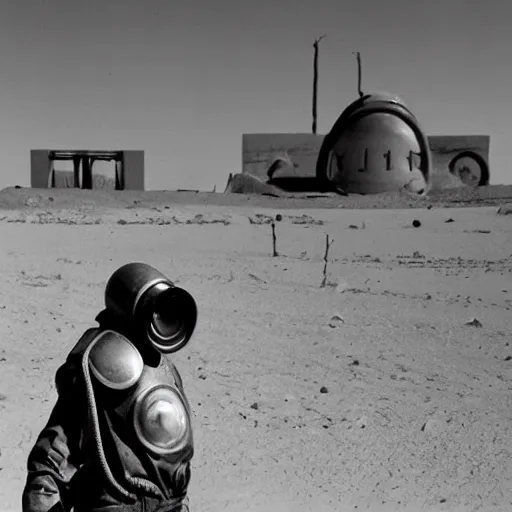 Prompt: a heavily armored man wearing a hazmat suit and gasmask, in the desert, surrealist structures in background, film still, arriflex 3 5