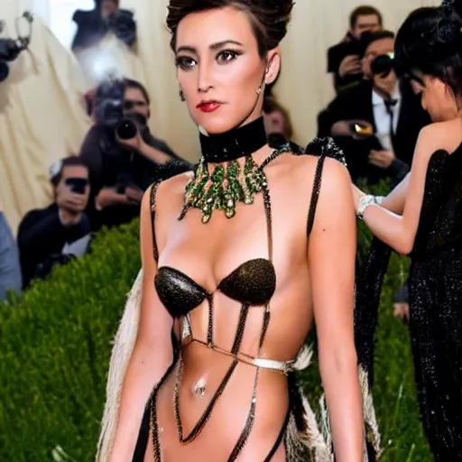 Image similar to incredible daring outfit, met gala, 4 k, ultra realistic, highly detailed, epic lighting