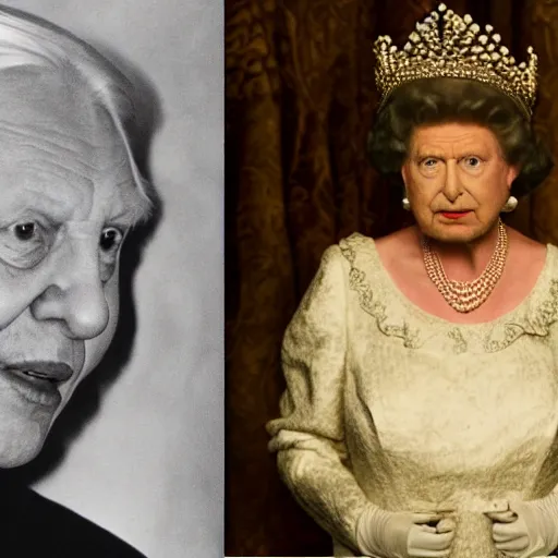 Prompt: david attenborough playing queen elizabeth, scene from movie