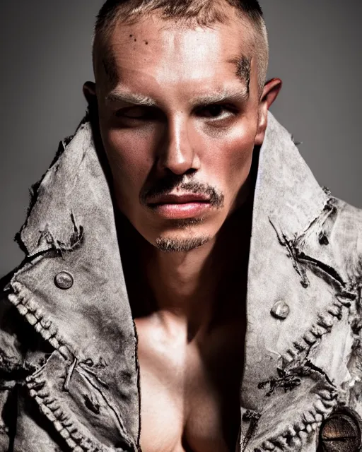Prompt: a close up award - winning photo of an ancient male model wearing a thick plain cropped extremely baggy distressed pirate designer menswear cloth jacket designed by alexander mcqueen, 4 k, studio lighting, wide angle lens