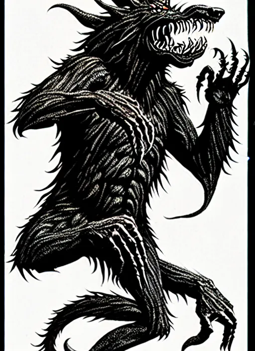 Image similar to a licorice werewolf as a D&D monster, full body, pen-and-ink illustration, etching, by Russ Nicholson, DAvid A Trampier, larry elmore, 1981, HQ scan, intricate details, Monster Manula, Fiend Folio