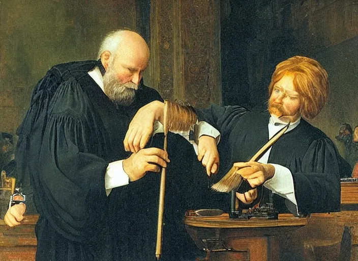 Prompt: judge wearing a wig is making a haircut to another judge with a wig, by ivan shishkin