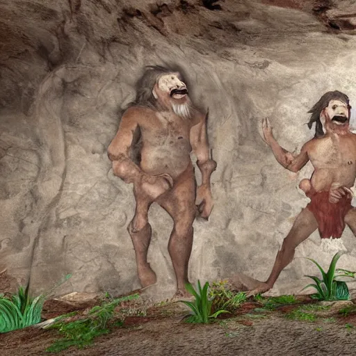 Prompt: Caveman made with ancient berry paint on a cave wall UHD Unreal engine trending on prehistoricstation X the cave people artsite.