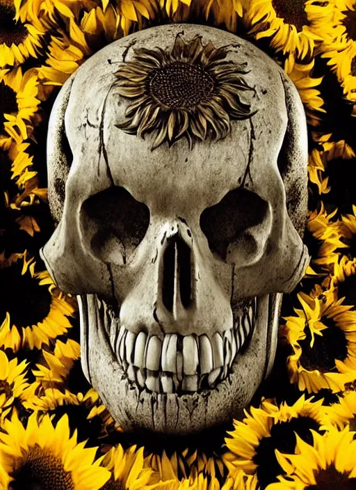 Image similar to sunflower skull head, spooky halloween theme, creepy, cinematic, dramatic, super detailed and intricate, 4 k render, by koson ohara, by darwyn cooke, by satoshi kon