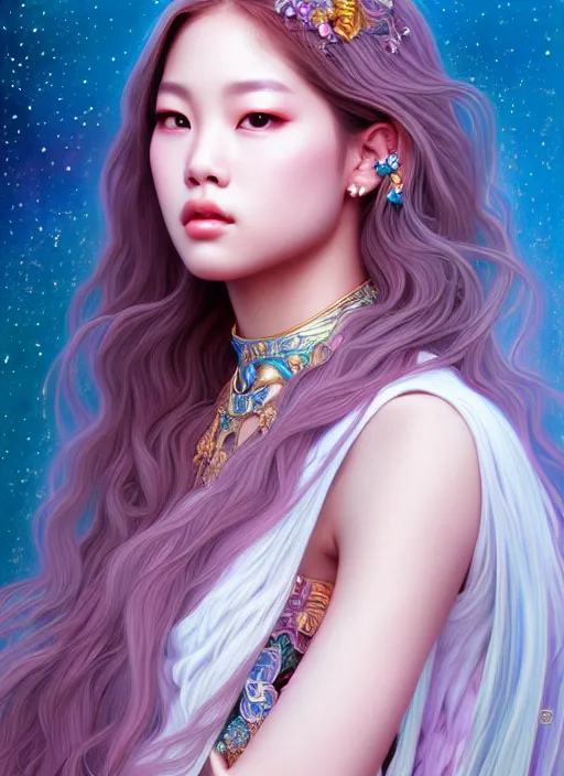 Image similar to jennie of blackpink, goddess of the moon, highly detailed, digital painting, smooth, sharp focus, illustration, ultra realistic, unreal engine, 8 k, art by artgerm and alphonse mucha