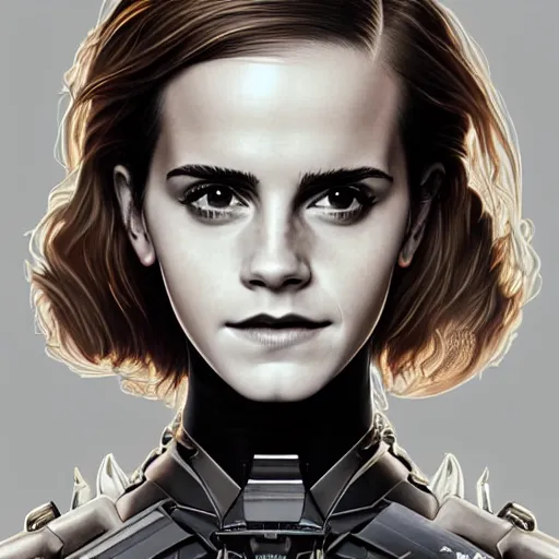 Image similar to portrait of Emma Watson as a Borg Drone, looking at camera, D&D, intricate, elegant, stylish, cute smile, mouth slightly open, fantasy, extremely detailed, digital painting, artstation, concept art, smooth, sharp focus, illustration, stunning lighting, art by artgerm and greg rutkowski and alphonse mucha and simon stalenhag, realistic character concept, high fantasy, light atmosphere, golden ratio, cinematic lighting, hyperdetailed, high resolution, insanely detailed and intricate, artstation, Marc Simonetti, Greg Rutkowski