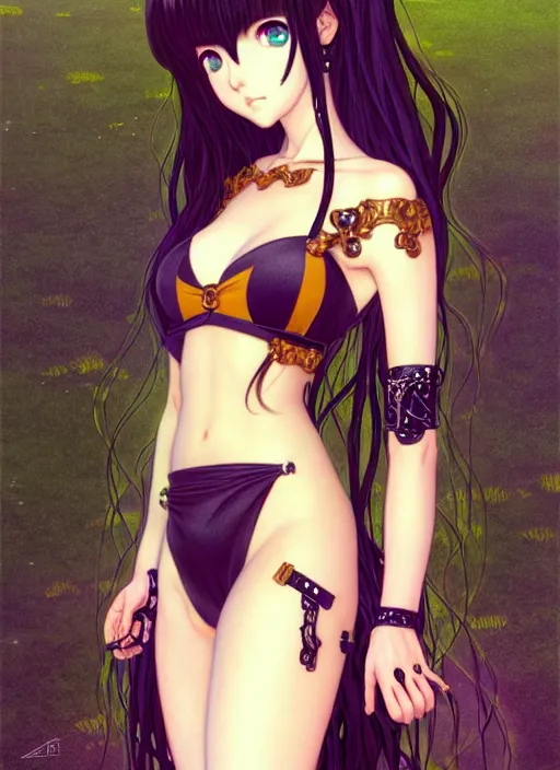 Prompt: portrait of beautiful young gothic anime maiden in bikini armor, cute-fine-face, pretty face, realistic shaded Perfect face, fine details. Anime, cyberpunk, highly detailed, artstation, illustration, art by Ilya Kuvshinov and Gustav Klimt and Gustav Klimt and Gustav Klimt and Gustav Klimt