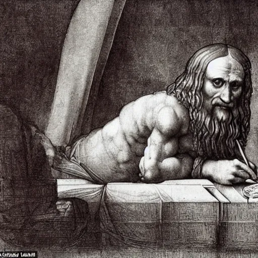 Prompt: a wider shot of the morgue. leonardo da vinci, in his late 3 0 ’ s, sits alone. he has parchment and a pen, and is sketching the human heart. in the background – past the heart – we see its occupant, a corpse