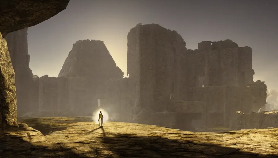 Image similar to a land of ruins of lost civilization with a distant fort in the middle, pure gold pillars, water tunnels below and a magical time gate to another dimension, a man wearing a white robe standing watching over, dramatic lighting, dawn, by caspar david friedrich, unreal engine 5