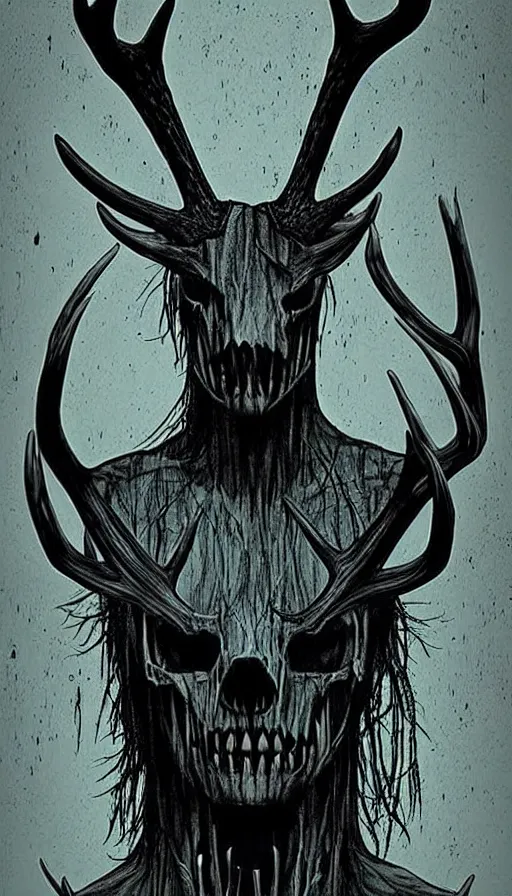 Image similar to Style Tim Jacobus and Rafael Albuquerque:: Wendigo with long antlers, deer face skeletal, symmetrical face, yellow eyes, fully detailed face:: attacking a woman in the woods:: night time, full mood, fog, realistic, scary, horror, full body