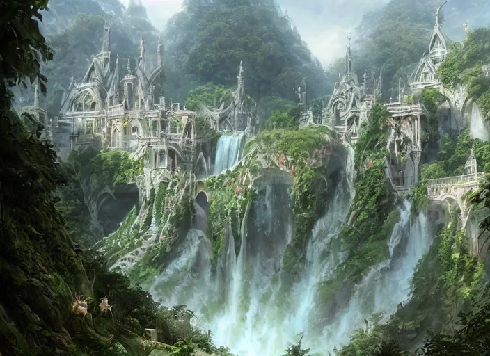 Image similar to A beautiful elven city made of ivory, anime, lush trees, fountain, built into the side of a cliff, a fantasy digital painting by Greg Rutkowski and James Gurney, trending on Artstation, highly detailed