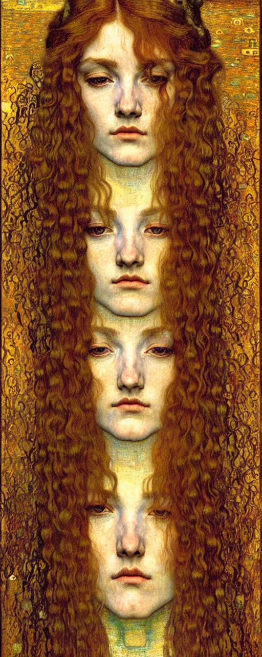 Image similar to detailed realistic beautiful young medieval queen face portrait by jean delville, gustav klimt and vincent van gogh, art nouveau, symbolist, visionary, gothic, pre - raphaelite, muted earthy colors, desaturated