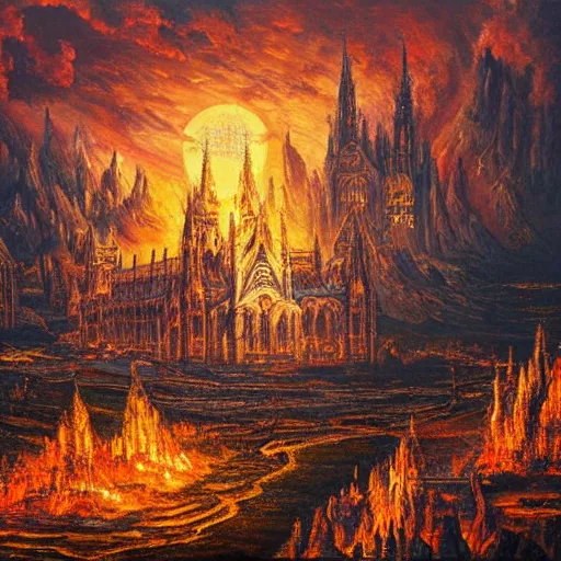 Prompt: highly detailed oil painting, masterpiece, gothic cathedral on top of a mountain, fantasy, hell fire and sky, above view, top lighting, realistic shaded,