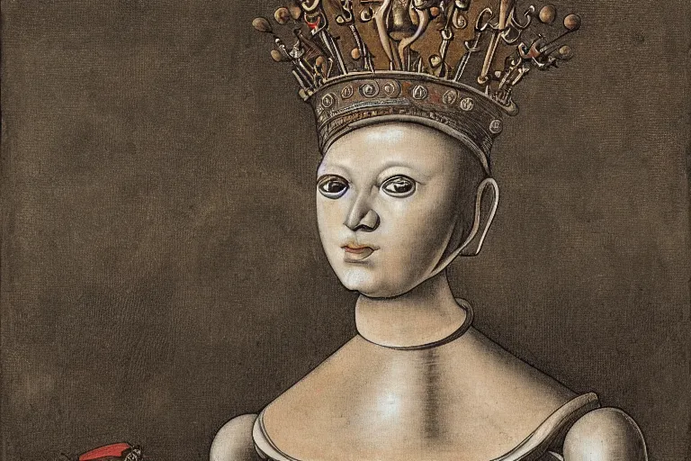 Prompt: Portrait of a robot wearing a crown and a royal mantle by Hans Baldung