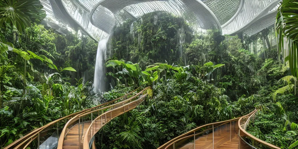 Image similar to lush tropical rainforest with waterfall, interior of bright atrium with lots of natural light, parametric biophilic architecture, atmospheric, zaha hadid and frank gehry inspired, octane 8 k,