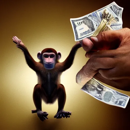 Image similar to monkey holding money, chromatic, crepuscular rays, dslr, caravaggio, ciane color, dof