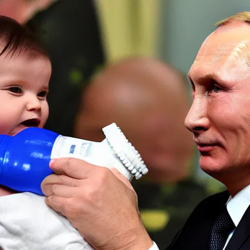 Image similar to vladimir putin giving a bottle shaped like a missile to a baby with the face of zelensky in his arms