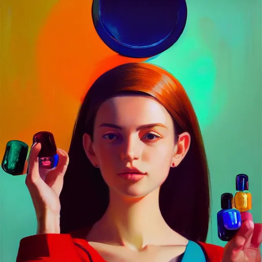 Image similar to A ultradetailed beautiful portrait panting of a stylish woman, she is holding a bunch of colorful pills in her hand, overhead shot, Oil painting, by Ilya Kuvshinov, Greg Rutkowski and Makoto Shinkai